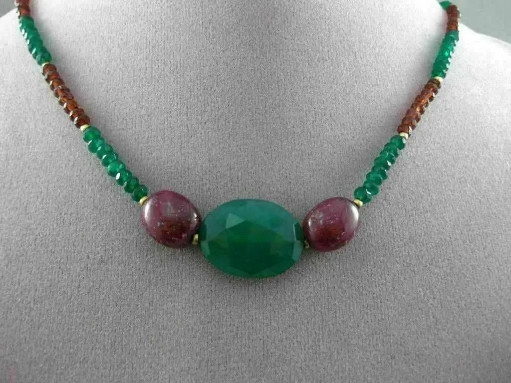 ANTIQUE LARGE GREEN ONYX & GARNET 14KT YELLOW GOLD OVAL & ROUND NECKLACE #20127