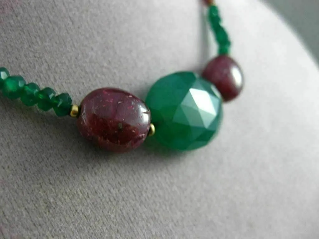 ANTIQUE LARGE GREEN ONYX & GARNET 14KT YELLOW GOLD OVAL & ROUND NECKLACE #20127