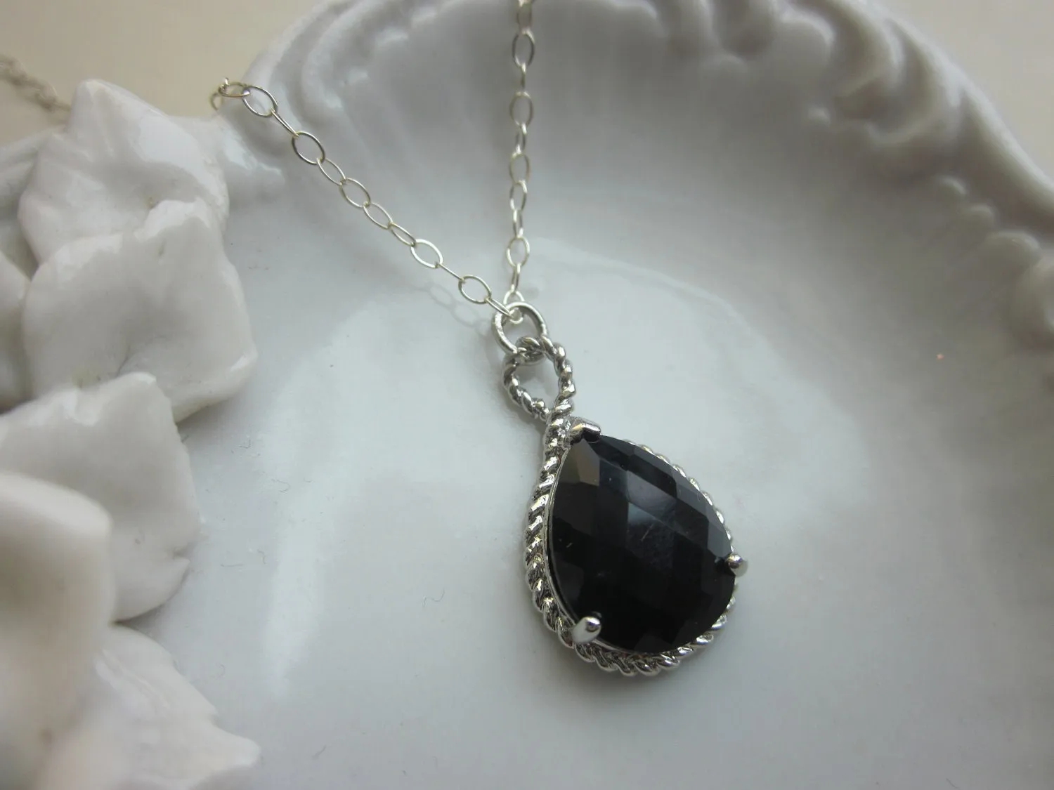 Black Onyx Necklace Silver Teardrop - Sterling Silver Chain - Bridesmaid Necklace - Bridesmaid Jewelry - Bridal Wedding