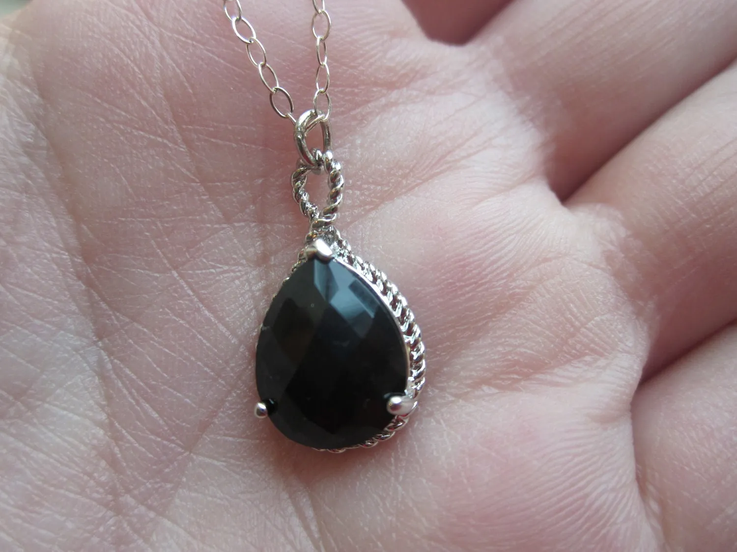 Black Onyx Necklace Silver Teardrop - Sterling Silver Chain - Bridesmaid Necklace - Bridesmaid Jewelry - Bridal Wedding