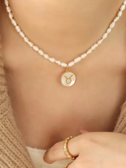 Constellation Charm Pearl Necklace, 18K Gold Plated Freshwater Pearl Fashion Luxury Necklace