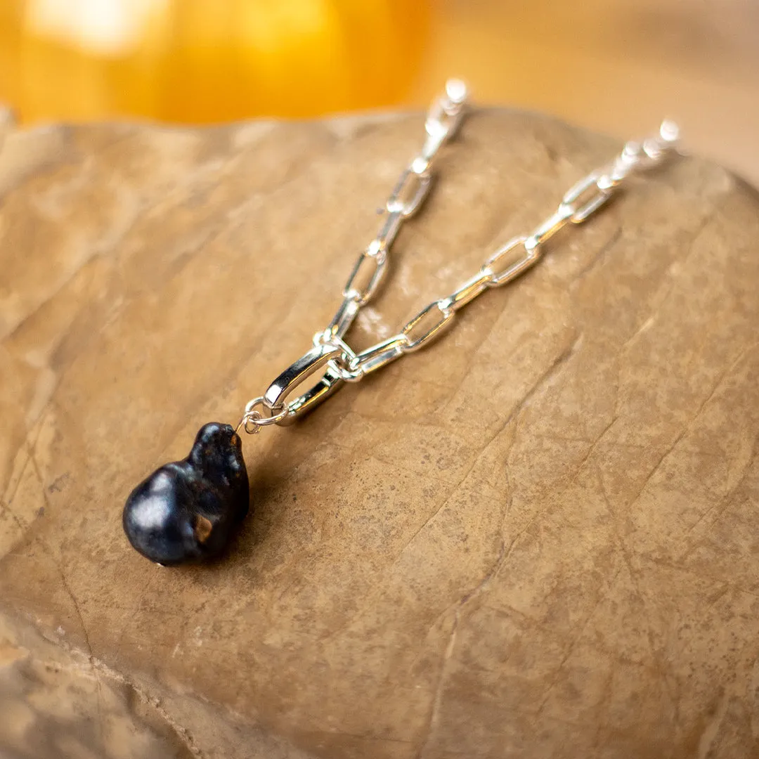 Detachable Black Baroque Pearl in Silver