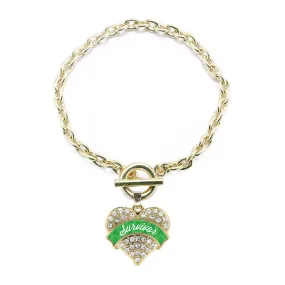 Gold Green Survivor Pave Heart Charm Toggle Bracelet