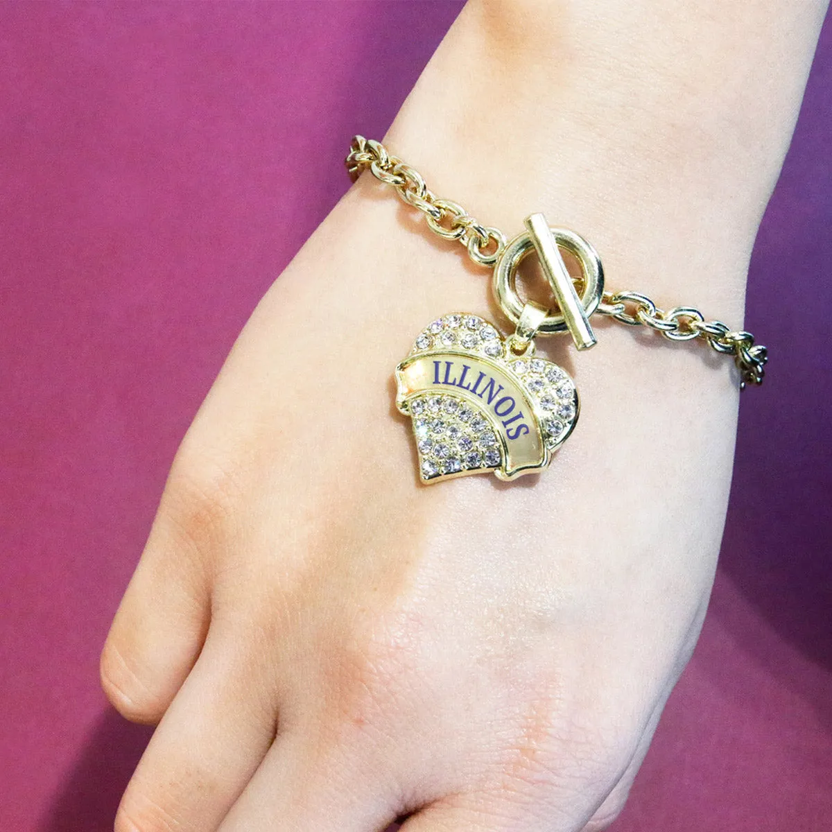 Gold Illinois Pave Heart Charm Toggle Bracelet