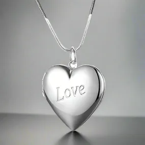 LOVE Silver Heart Locket High Polished Necklace For Woman Best Momento Gift