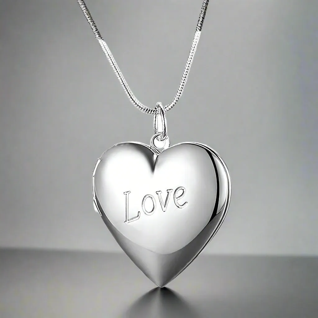 LOVE Silver Heart Locket High Polished Necklace For Woman Best Momento Gift
