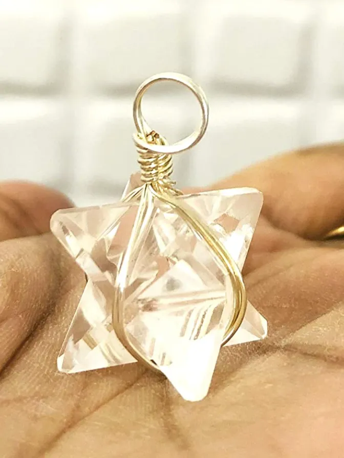 Natural Clear Quartz Merkaba Star Tetrahedron Pendant Necklace Pendulum Healing Reiki Pendant Chain Sacred Geometry Kabbalah Jewelry 1 inch.