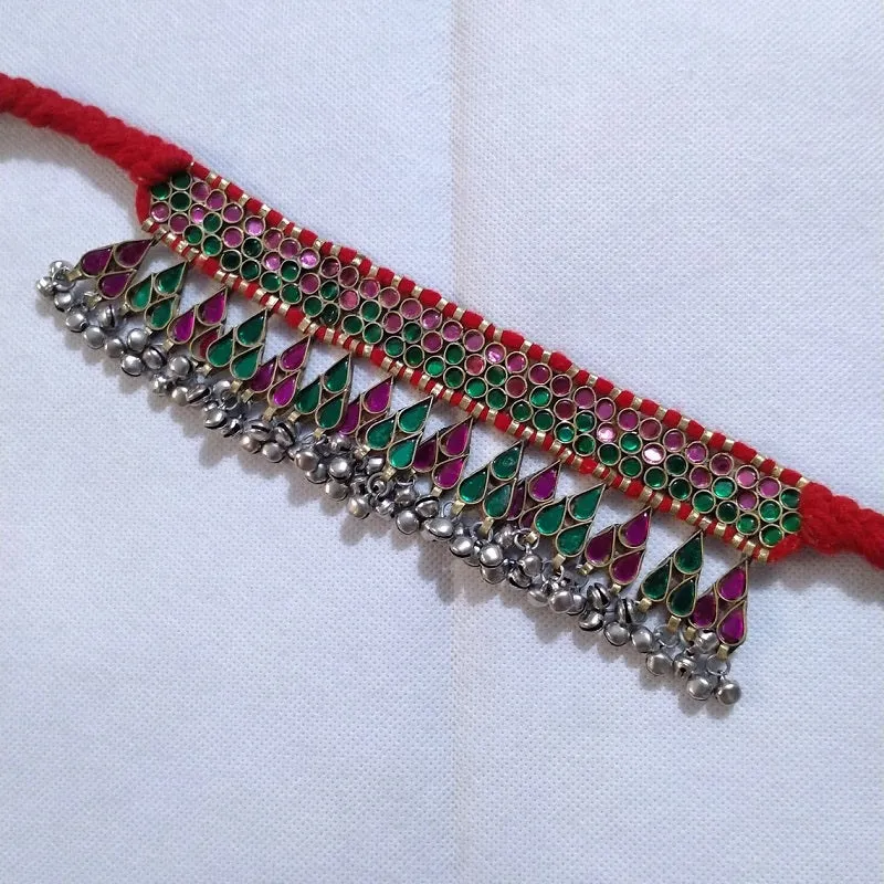 Red Turkmen Dangling Choker Necklace With Bells