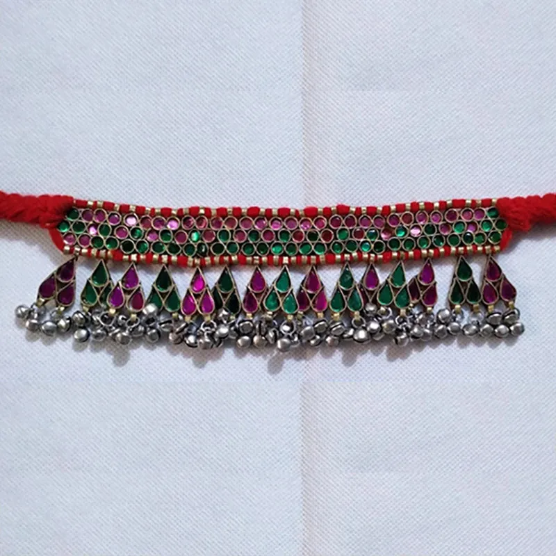 Red Turkmen Dangling Choker Necklace With Bells