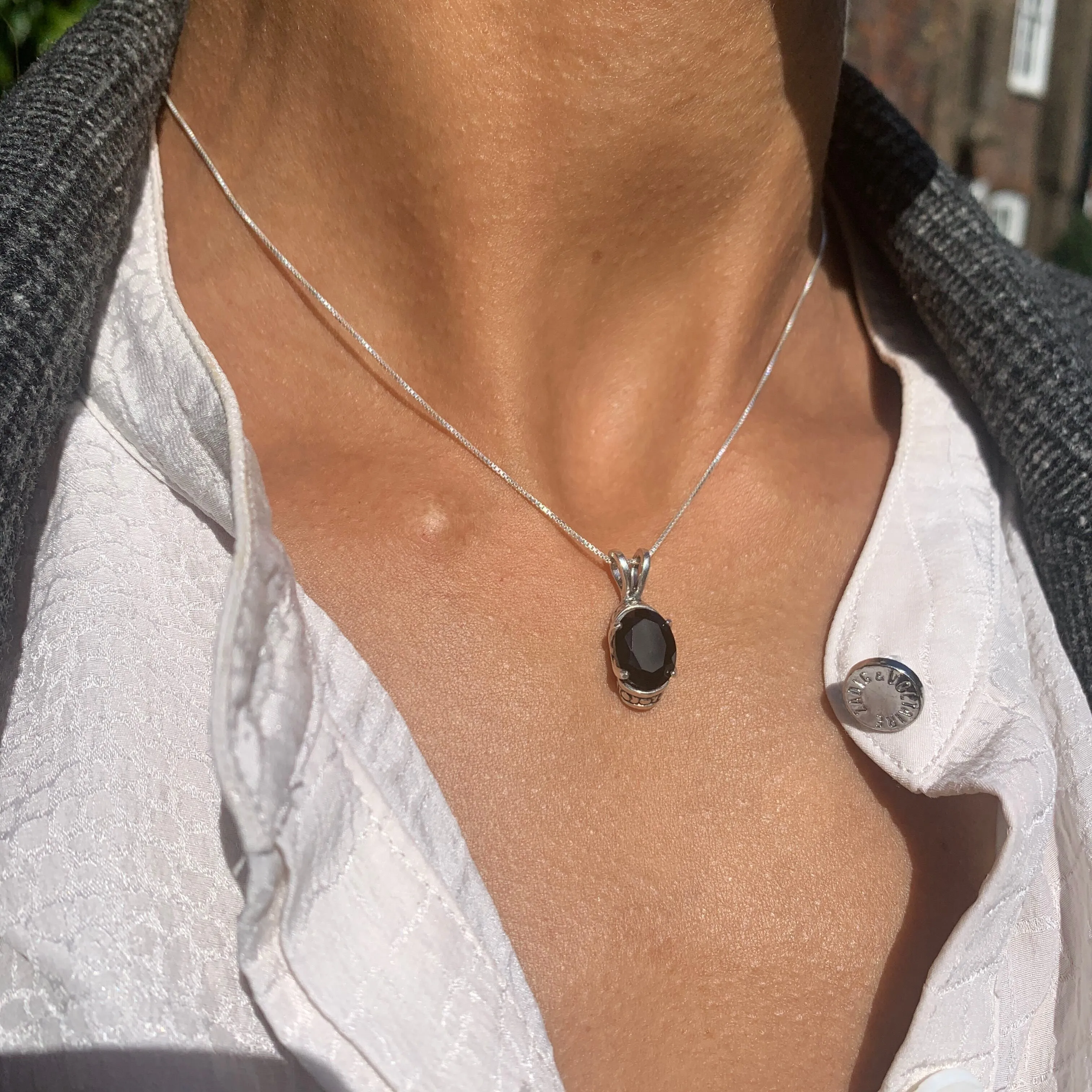 Tribal Onyx Pendant - Black Boho Necklace - Vintage Oval Necklace