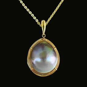 Vintage 18K Gold Gray Mabe Pearl Pendant, Blister Pearl