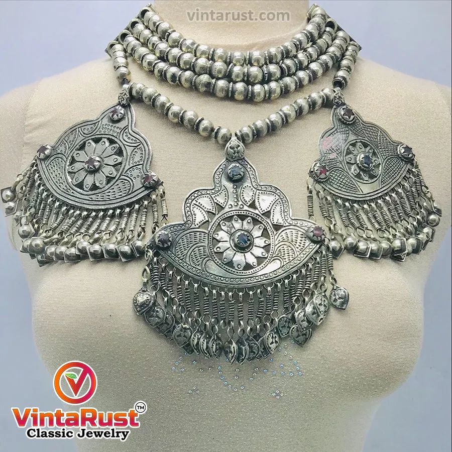 Vintage Silver Three Massive Dangling Pendants Necklace